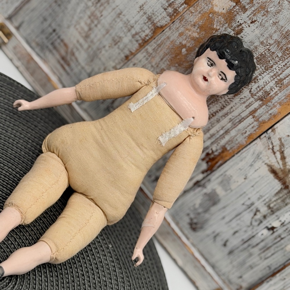 Antique China Head Doll 10.5 Inch Black Hair Porcelain Cloth Body Painted Boots